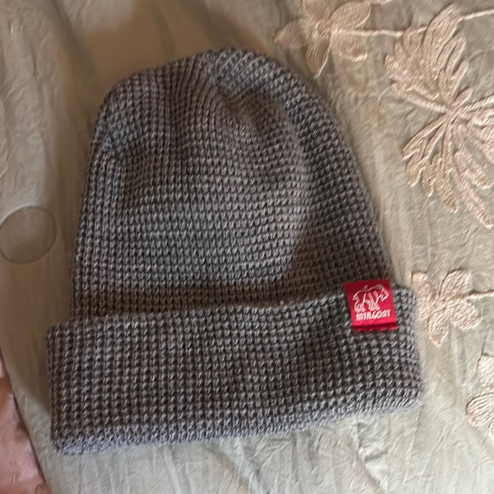 NWT Mtn Goat Gray Knit Beanie with Red Logo Patch